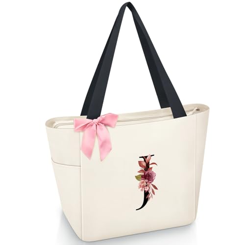 Vavabox Handtasche Damen A-Z Reißverschluss Schultertasche, Geschenke für Damen,Bräute und Brautjungfern, Arbeit,Reisen,Einkaufen,Schule (J, Beige) von Vavabox