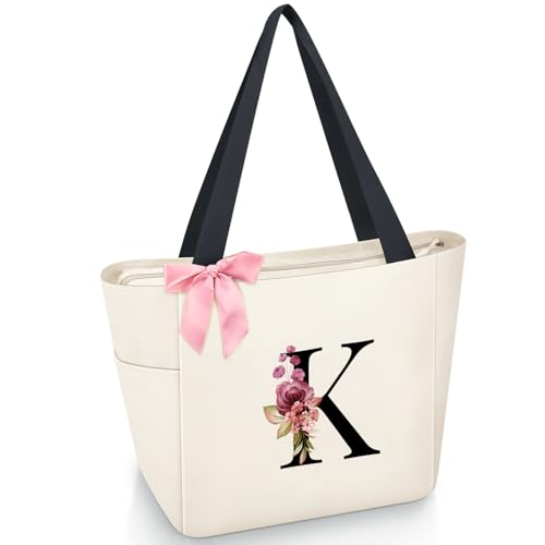 Vavabox Handtasche Damen A-Z Reißverschluss Schultertasche, Geschenke für Damen,Bräute und Brautjungfern, Arbeit,Reisen,Einkaufen,Schule (K, Beige) von Vavabox