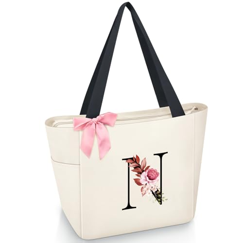 Vavabox Handtasche Damen A-Z Reißverschluss Schultertasche, Geschenke für Damen,Bräute und Brautjungfern, Arbeit,Reisen,Einkaufen,Schule (N, Beige) von Vavabox