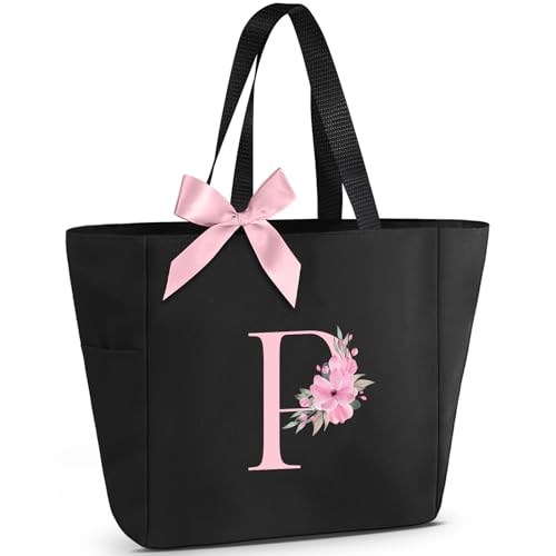 Vavabox Handtasche Damen A-Z Reißverschluss Schultertasche, Geschenke für Damen,Bräute und Brautjungfern, Arbeit,Reisen,Einkaufen,Schule (P, Schwarz) von Vavabox