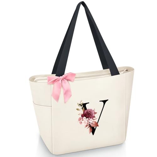 Vavabox Handtasche Damen A-Z Reißverschluss Schultertasche, Geschenke für Damen,Bräute und Brautjungfern, Arbeit,Reisen,Einkaufen,Schule (V, Beige) von Vavabox