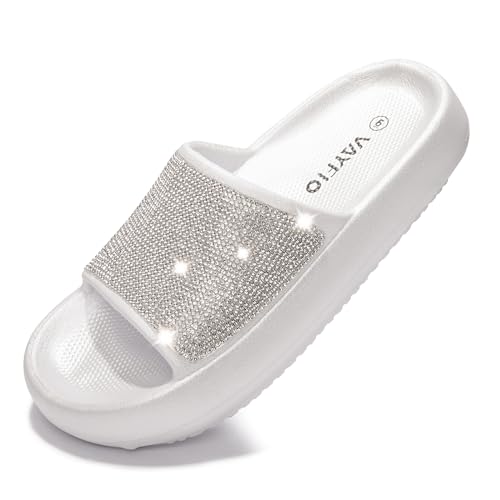 Vayfio Damen Cloud Strass Slide Sandalen Plateau Glitzer Slides Slip On Duschschuhe Outdoor & Indoor Haus Hausschuhe, silber, 37.5 EU von Vayfio