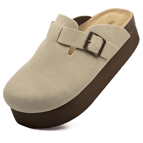 Vayfio Damen Wildleder Clogs Korkfußbett Sandalen Komfort Plattform Pantoletten mit Fußgewölbeunterstützung Verstellbare Schnalle Slip On Hausschuhe, Beige, 42 EU von Vayfio