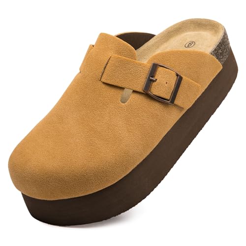 Vayfio Damen Wildleder Clogs Korkfußbett Sandalen Komfort Plattform Pantoletten mit Fußgewölbeunterstützung Verstellbare Schnalle Slip On Hausschuhe, Braun, 37.5 EU von Vayfio