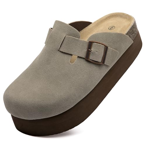 Vayfio Damen Wildleder Clogs Korkfußbett Sandalen Komfort Plattform Pantoletten mit Fußgewölbeunterstützung Verstellbare Schnalle Slip On Hausschuhe, GRAU, 36 EU von Vayfio