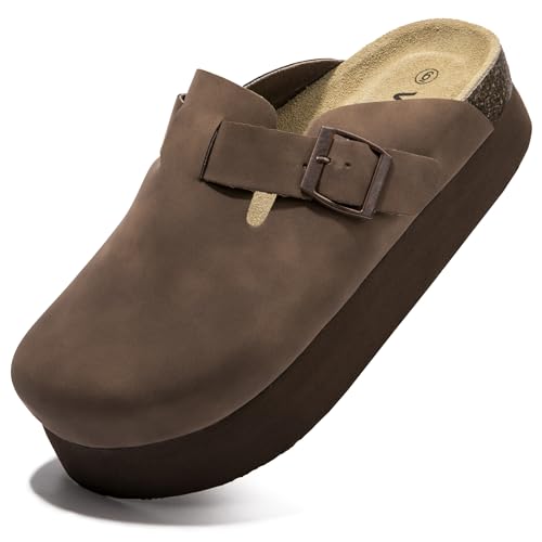 Vayfio Damen Wildleder Clogs Korkfußbett Sandalen Komfort Plattform Pantoletten mit Fußgewölbeunterstützung Verstellbare Schnalle Slip On Hausschuhe, Hellbraun, 36 EU von Vayfio
