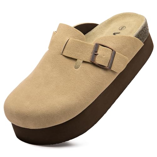 Vayfio Damen Wildleder Clogs Korkfußbett Sandalen Komfort Plattform Pantoletten mit Fußgewölbeunterstützung Verstellbare Schnalle Slip On Hausschuhe, Kakhi, 36 EU von Vayfio
