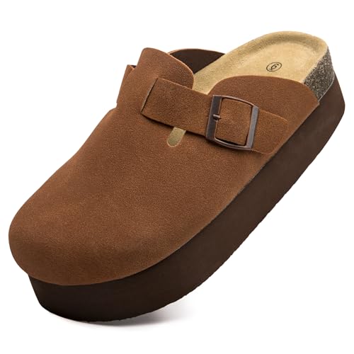Vayfio Damen Wildleder Clogs Korkfußbett Sandalen Komfort Plattform Pantoletten mit Fußgewölbeunterstützung Verstellbare Schnalle Slip On Hausschuhe, dunkelbraun, 39.5 EU von Vayfio