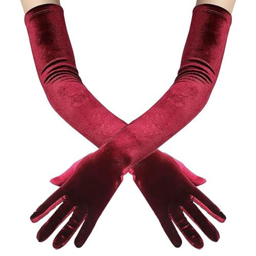 Vbxvsa Lange Handschuhe Damen Samthandschuhe Ellenbogenlänge Fäustlinge 1920er Stil Klassische Oper, Party, Erwachsene Kostüm Zubehör (Dunkle Rote) von Vbxvsa