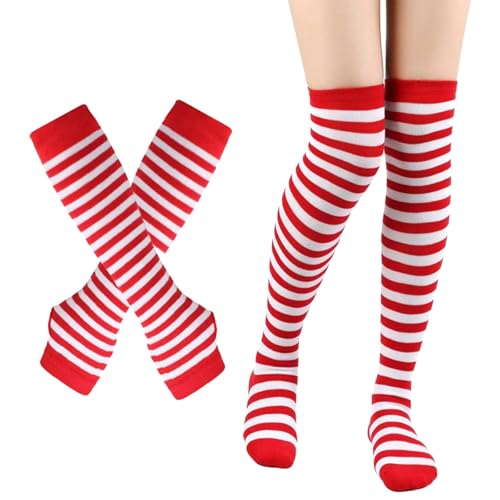 Vbxvsa Gestreifte Kniestrümpfe Handschuhe Set Thigh Highs Damen Ringelsocken Fingerlose Armstulpen Overknee Strümpfe Lange Strickhandschuhe für Cosplay Karneval Fasching Party (Rot Weiß Gestreiftes) von Vbxvsa
