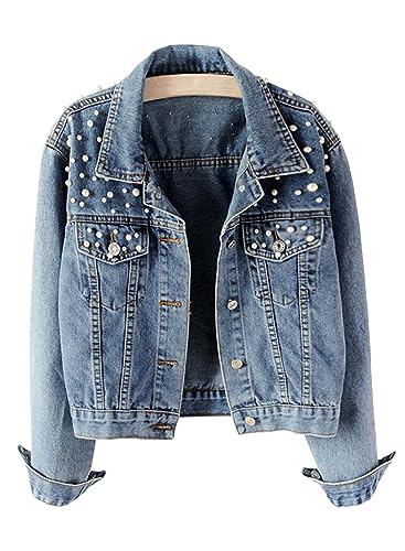 Vcindai Damen Jeansjacke Langarm Jacke Kurz Jeansjacke mit Perlen von Vcindai