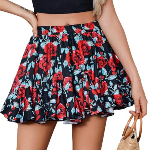Vcindai Damen Sommer Rock Kurz Sommerrock Blumen Faltenrock Sicherheitsrock von Vcindai