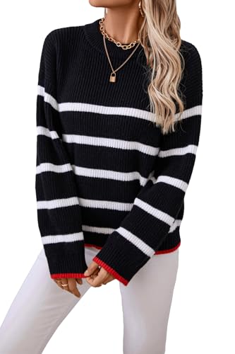 Vcindai Damen Strickpullover Gestreifter Pullover Rundhals Langarm Pullover von Vcindai