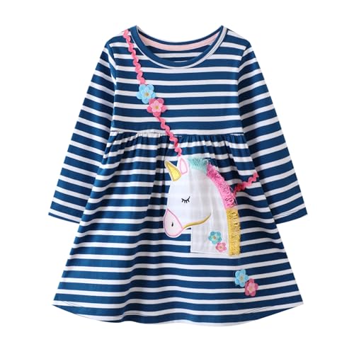 Vckrio Mädchen Kleid Stickerei Applikation Kleider mit Langarm Blau Weiß Gestreift Einhorn Geblümt Muster Shit Kleider Baumwolle Rundhals Warm A-Linie Kleider Geburtstag Party Weihnachten Gr.104-110 von Vckrio