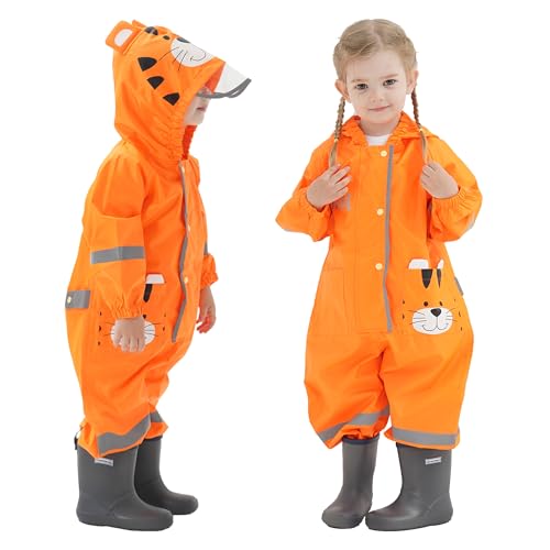 Vckrio Regenanzug Baby Jungen Regenmantel Wasserdicht Orange Tiger Druck Regenoverall Matschanzug Atmungsaktiv Reflektierend Regenkleidung mit Reißverschluss Tasche im Freien für Kleinkind 1-2 Jahre von Vckrio