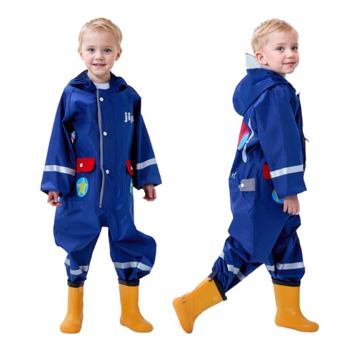 Vckrio Regenanzug Jungen Marine Blau Regen Overall Wasserdicht Regenmantel Set Einteilig Matschanzug mit Reflektor Kapuze Flugzeug Druck Leicht Faltbar Regen Onesie Reisen Wandern für Kinder 6-7 Jahre von Vckrio