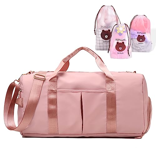 Sporttasche Damen Herren Reisetasche Groß, Sporttaschen Handgepäck Tasche mit Nassfach&Schuhfach, Sporttasche Übernachtungstasche Leichte Wasserdicht Schwimmtasche mit 3 Schuhsäcken für Reise Gym,Rosa von Vcumter