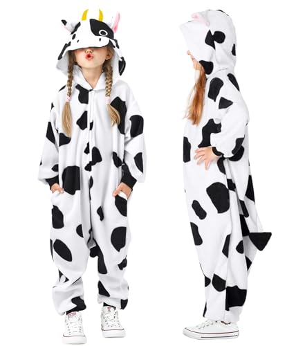 Vcumter Onesie Pyjama Kuh Kinder Schlafanzug - Mädchen Cosplay Costume Hoodie Kostüme Kuh Tier Outfit Kapuze Jumpsuit Kostüm Onesie Nachtwäsche Unisex Weihnachten Halloween Fasching Karneval Kostüm von Vcumter