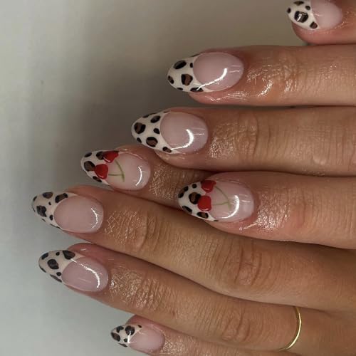 24 Stücke Set Tierkirschen Presse Presse Auf Nägeln Für Frauen Und Mädchen Kurze Französische Mandelstile Künstliche Falsche Nägel von Vdaxvme