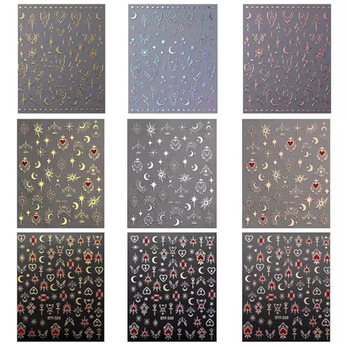 9 Blatt Bronzing Nails Art Aufkleber Star Moon Nails Aufkleber 3D Nails Decals Nails Art Dekorationen Maniküre Aufkleber von Vdaxvme