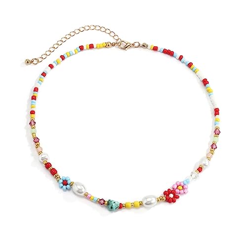 Damen-Halskette, Blumen-Halsband, Kunstperlen, bunte Perlen, süße kurze Schlüsselbeinkette, Modeschmuck, Reisperlen + Imitationsperlen, Zirkonia von Vdaxvme