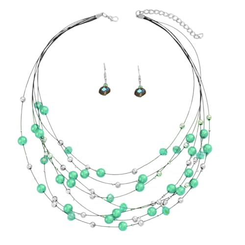 Vdaxvme Elegantes, mehrfarbiges Perlenschmuck-Set, festliche Damen-Halskette und Ohrringe, Schmuck-Set mit mehrschichtigen Kristallperlen, Kunstperlen-Glas, Zirkonia von Vdaxvme