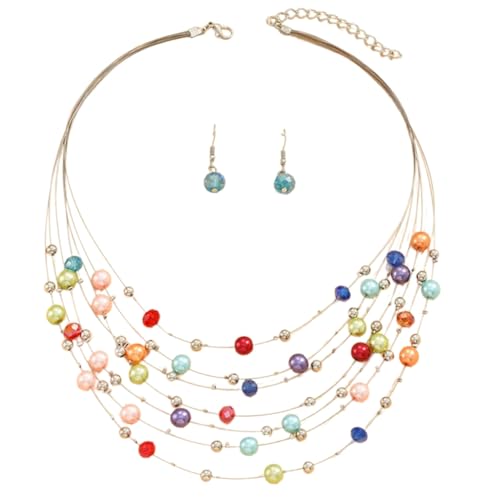 Vdaxvme Elegantes, mehrfarbiges Perlenschmuck-Set, festliche Damen-Halskette und Ohrringe, Schmuck-Set mit mehrschichtigen Kristallperlen, Kunstperlen-Glas, Zirkonia von Vdaxvme