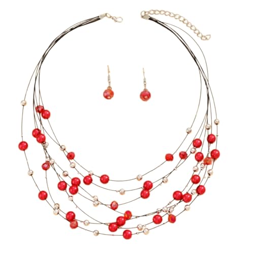 Vdaxvme Elegantes, mehrfarbiges Perlenschmuck-Set, festliche Damen-Halskette und Ohrringe, Schmuck-Set mit mehrschichtigen Kristallperlen, Kunstperlen-Glas, Zirkonia von Vdaxvme
