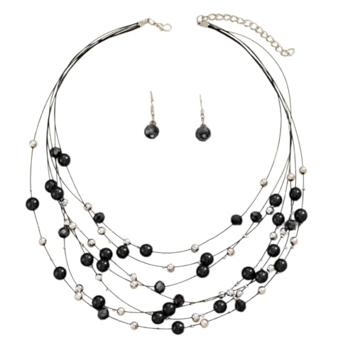 Vdaxvme Elegantes, mehrfarbiges Perlenschmuck-Set, festliche Damen-Halskette und Ohrringe, Schmuck-Set mit mehrschichtigen Kristallperlen, Kunstperlen-Glas, Zirkonia von Vdaxvme