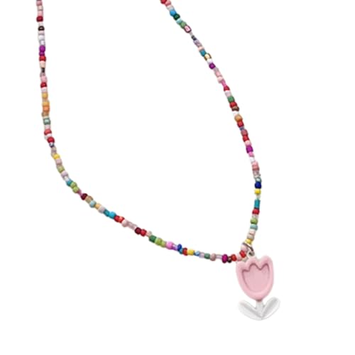 Vdaxvme Halskette mit Tulpenblumen-Perlen, bunte Tulpen, Blumenanhänger, Choker, Harz, Party, täglicher Schmuck für Hochzeit, Party, Harz, Zirkonia von Vdaxvme