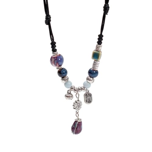 Vdaxvme Halsketten für Damen, handgefertigt, Keramik-Anhänger, Halskette, Keramikperlen, Choker, ethnischer Schmuck für Frauen und Mädchen, Wachsseil mit Keramikperlen, Zirkonia von Vdaxvme