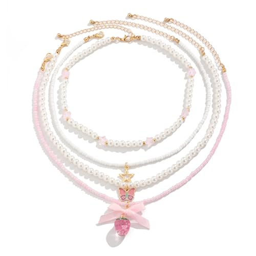 Vdaxvme Zartes Erdbeer-Halsketten-Set mit Imitationsperlen in Charm-Optik, geeignet für versch, 5.46x3.9in, Imitation Perle + Reisperlen + Acryl + Gurtband + Legierung Tropfen Öl von Vdaxvme