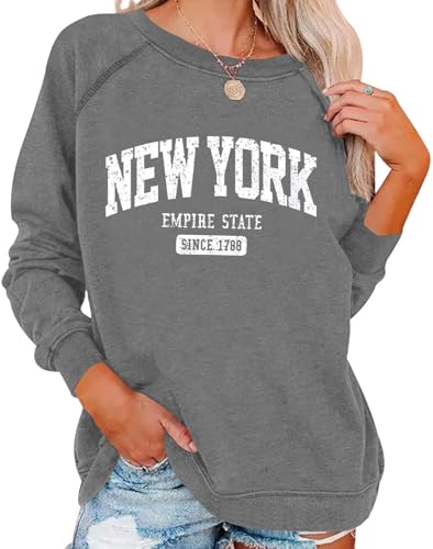 Vdnerjg Damen New York Letter Print Sweatshirt Crewneck Langarm Casual Loose Fit Pullover Shirt, Hellgrau, Mittel von Vdnerjg