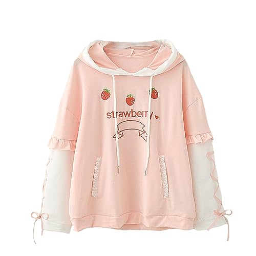 Süß Ulzzang Mädchen Mode Süss Erdbeere Obst Design Rosa Kapuzenpullover Band Design Sommer Bequem Lange Ärmel Zur Seite Fahren von HAPPECA