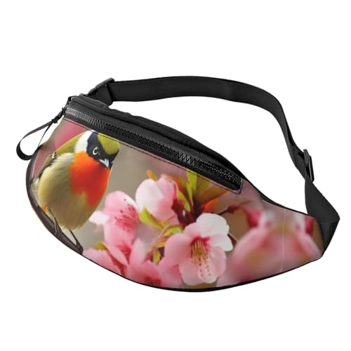 Bauchtaschen für Damen, große Umhängetasche, trendige Brusttasche, schwarzer und roter Hintergrund, Hüfttasche für Reisen, Vogel im Pfirsichbaum, Einheitsgröße von VducK