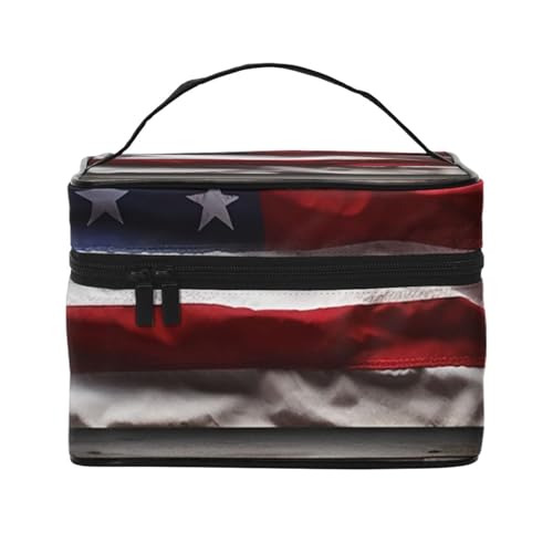 Make-up-Tasche, Reise-Kosmetiktasche, groß, tragbar, Kulturbeutel für Damen, Weihnachten, Schnee, Amerikanische Flagge mit Holzboden, Einheitsgröße, Kosmetiktasche von VducK