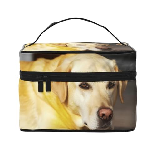 Make-up-Tasche, Reise-Kosmetiktasche, groß, tragbar, Kulturbeutel für Damen, York City, Sonnenuntergang, Bild, Gelber Hund, Einheitsgröße, Kosmetiktasche von VducK