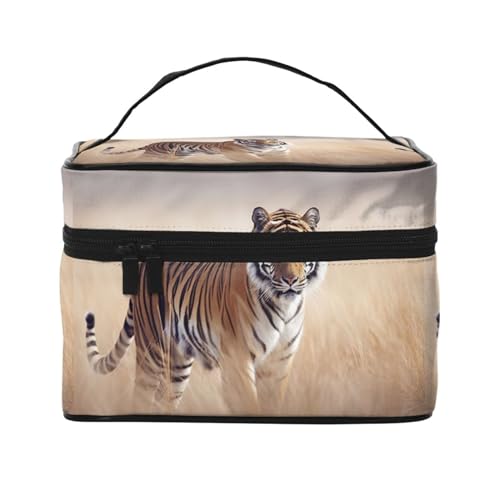 Make-up-Tasche, Reise-Kosmetiktasche, groß, tragbar, Kulturbeutel für Damen, Zugbahn, Kulturbeutel, Tiger Walking in the Grassland, Einheitsgröße, Kosmetiktasche von VducK