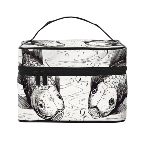 Make-up-Tasche, Reise-Kosmetiktasche, groß, tragbar, Kulturbeutel für Damen, abstrakte Farbwürfel, lila, 2 Lost Soul Schwimmfische, Einheitsgröße, Kosmetiktasche von VducK