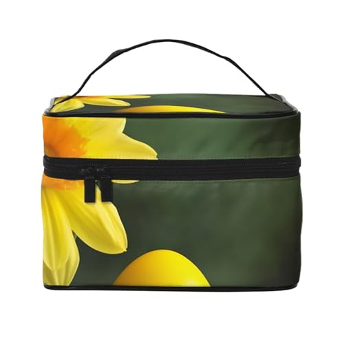 Make-up-Tasche, Reise-Kosmetiktasche, groß, tragbar, Kulturbeutel für Damen, gelbe Narzissen, Blumen, Kulturbeutel, Gelbe Blume und Ei, Einheitsgröße, Kosmetiktasche von VducK