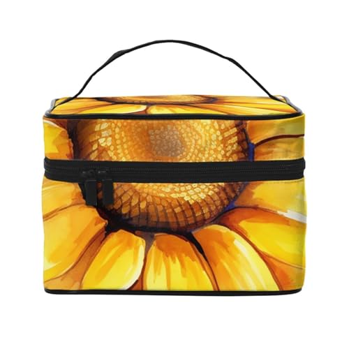 Make-up-Tasche, Reise-Kosmetiktasche, groß, tragbar, Kulturbeutel für Damen, gewellte Streifenlinie, Aquarell-Sonnenblume, Einheitsgröße, Kosmetiktasche von VducK