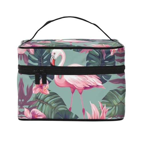 Make-up-Tasche, Reise-Kosmetiktasche, groß, tragbar, Kulturbeutel für Damen, tropisches Palmblatt, Tropische Blätter und Flamingo, Einheitsgröße, Kosmetiktasche von VducK