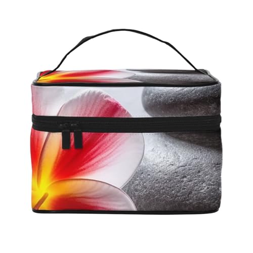 Make-up-Tasche, Reise-Kosmetiktasche, groß, tragbar, Kulturbeutel für Damen, tropisches Palmblatt, Tropische Blume und Zen-Stein, Einheitsgröße, Kosmetiktasche von VducK