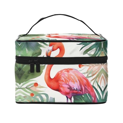 Make-up-Tasche, Reise-Kosmetiktasche, groß, tragbar, Kulturbeutel für Damen, tropisches Palmblatt, Tropischer Flamingo, Einheitsgröße, Kosmetiktasche von VducK