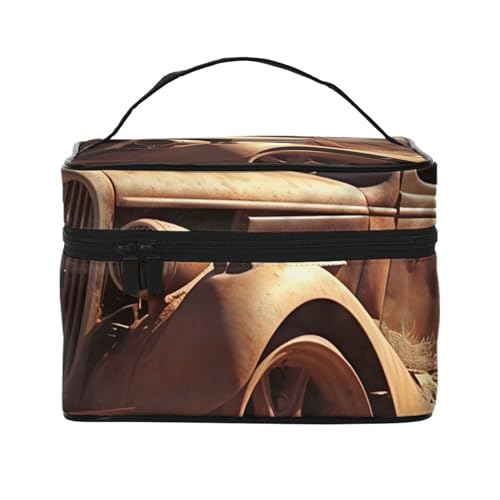 Make-up-Tasche, Reise-Kosmetiktasche, groß, tragbar, Kulturbeutel für Damen, weiße Wolken, Himmel, Kulturbeutel, Räder verlassen in der Wüste, Einheitsgröße, Kosmetiktasche von VducK