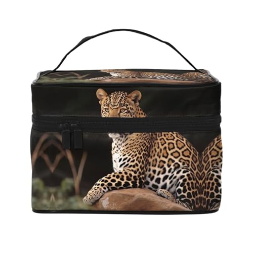 Make-up-Tasche, Reise-Kosmetiktasche, groß, tragbar, Kulturbeutel für Frauen, afrikanische Wildtiere, Tiger, Kulturbeutel, Afrikanischer Leopard auf Felsen, Einheitsgröße, Kosmetiktasche von VducK