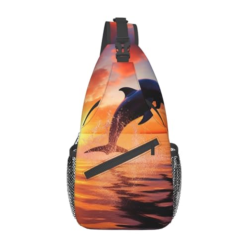 Schultertasche für Damen und Herren, Schultertasche, Sonnenuntergang, Delfin, Brusttasche, Reise, Bauchtasche, leicht, lässiger Tagesrucksack, Sonnenuntergang Delphin, Einheitsgröße von VducK