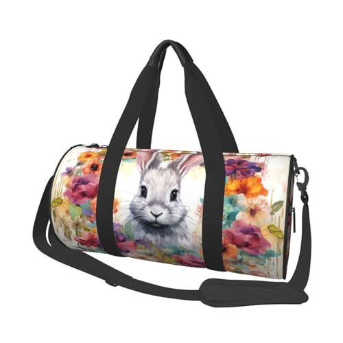 Turnbeutel Reisetasche Damen Herren mit Tiger und Pfoten Sporttaschen Schwimmen Fußball Basketball Tennis, Aquarell, Kaninchen und Blumen, Einheitsgröße, Reisetasche von VducK