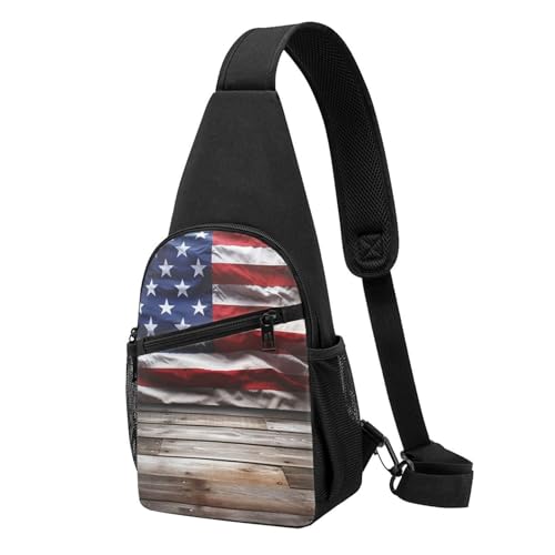 Umhängetasche für Damen, Bauchtasche, Weihnachtsbaum, Brusttasche, Tagesrucksack für Wandern, Reisen, Hüfttasche, Amerikanische Flagge mit Holzboden, Einheitsgröße von VducK