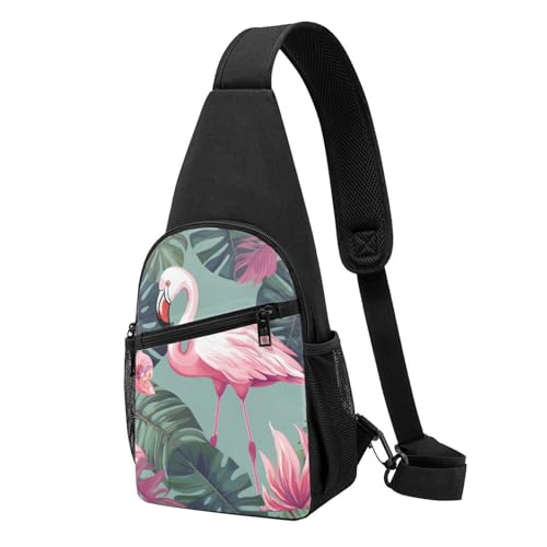 Umhängetasche für Damen, Bauchtasche, tropische Party, Brusttasche, Tagesrucksack für Wandern, Reisen, Hüfttasche, Tropische Blätter und Flamingo, Einheitsgröße von VducK